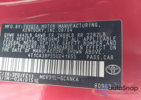 2005 Toyota Camry Solara Se Sport V6 z USA, uszkodzony, nr VIN 4T1CA38P95U041655